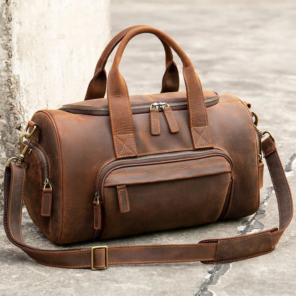 Leather retro men's hand luggage bag large capacity coffee colour soft strap