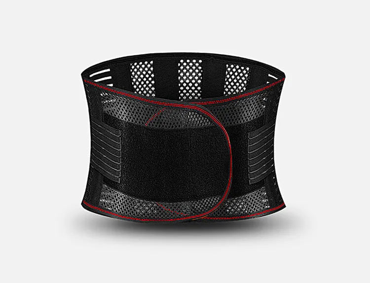 Black sports waist support belt with breathable design and internal steel plate for lumbar protection.