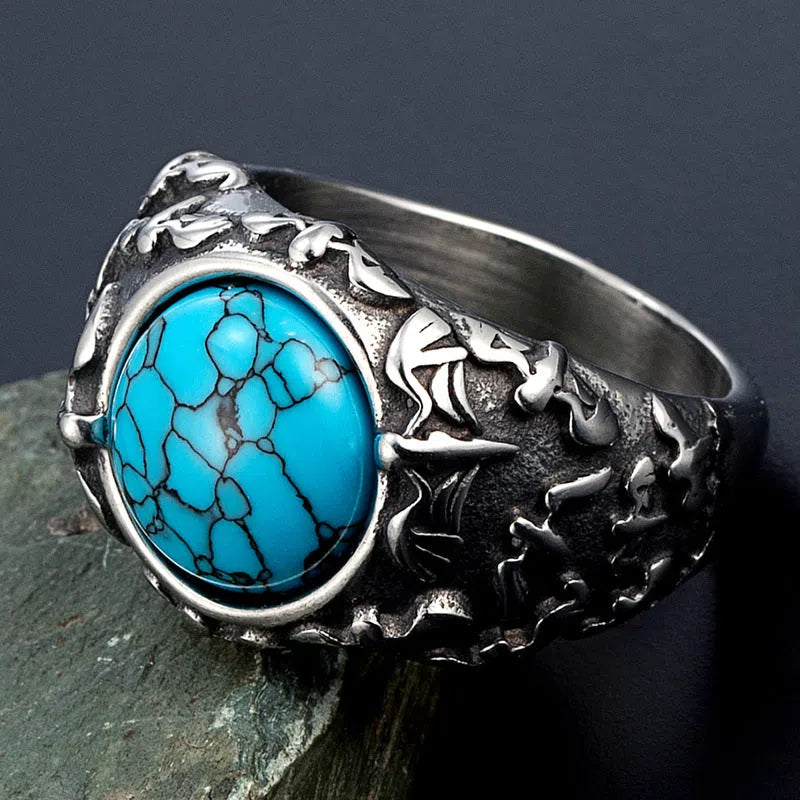 Retro titanium steel ring in steel colour, unisex design, showing surface detailing on solid metal band.