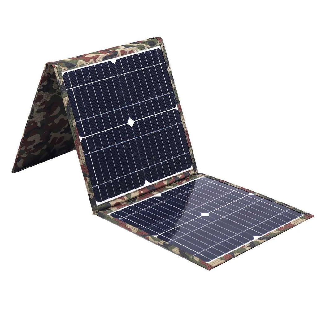 Black foldable solar panel measuring 87cm by 28.5cm with car charger and USB accessories