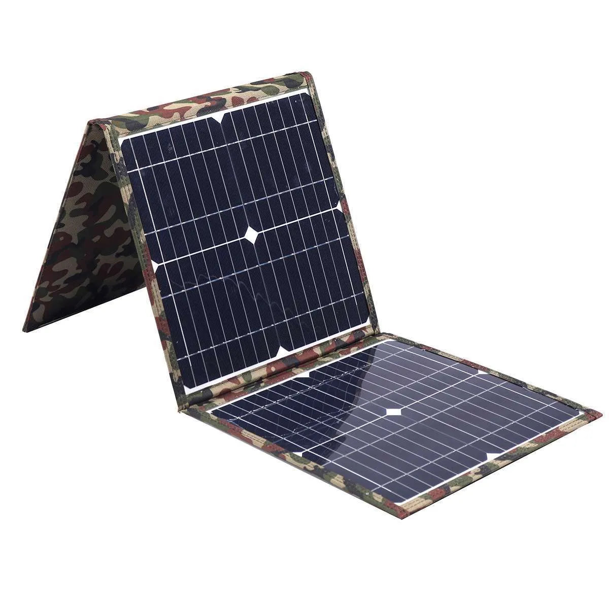 Black foldable solar panel measuring 87cm by 28.5cm with car charger and USB accessories