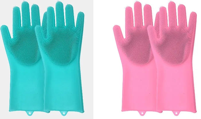 Blue silicone cleaning gloves with a textured sponge palm design for scrubbing.