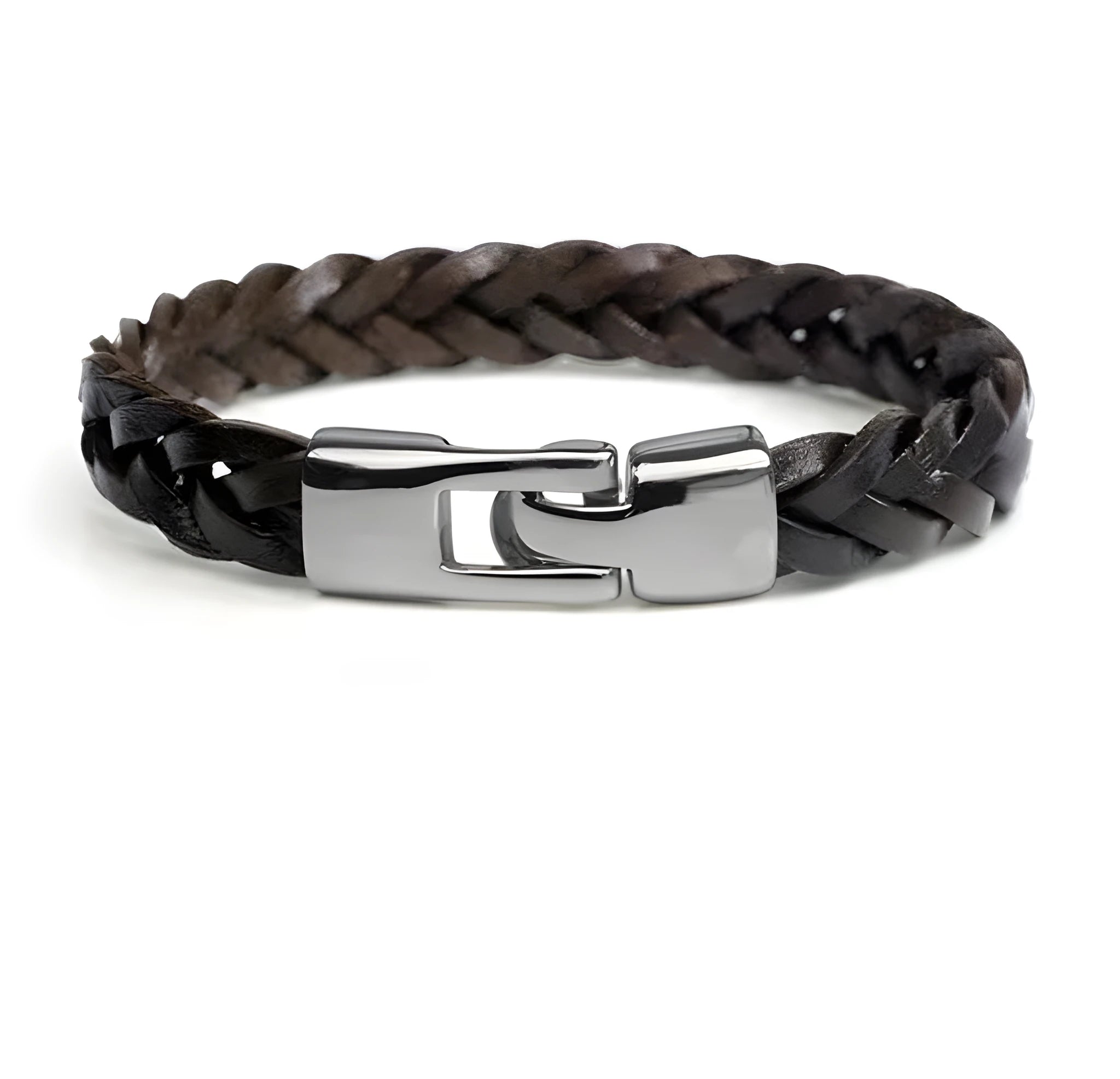 Hand-woven leather and alloy bracelet in vintage style, 21cm length, black colour