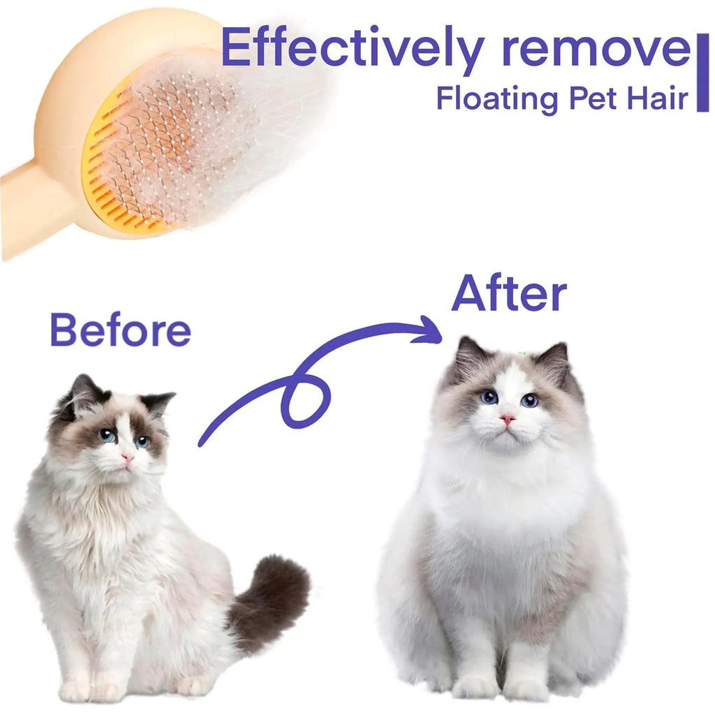 Blue pet grooming brush with angled metal needles and self-cleaning button on handle