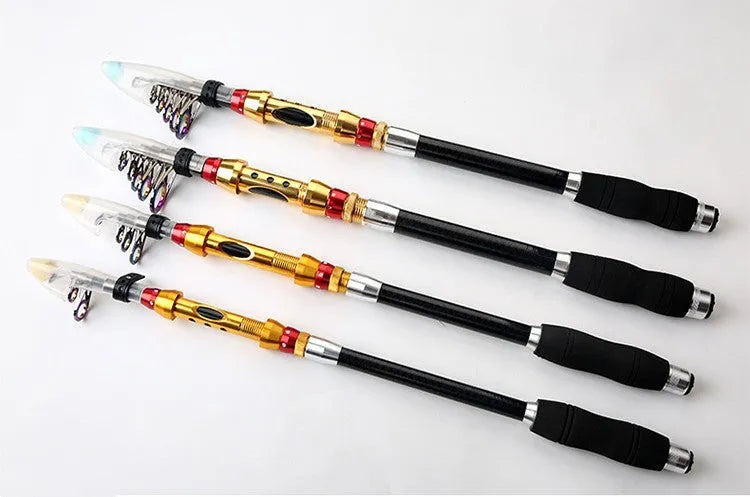 Carbon fibre telescopic spinning fishing rod with metal handle, extended, on a boat deck.