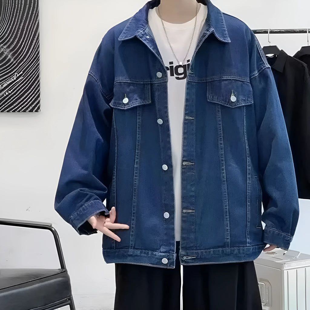 Ins Autumn Loose-fitting Denim Jacket in dark blue with side seam pockets, front view