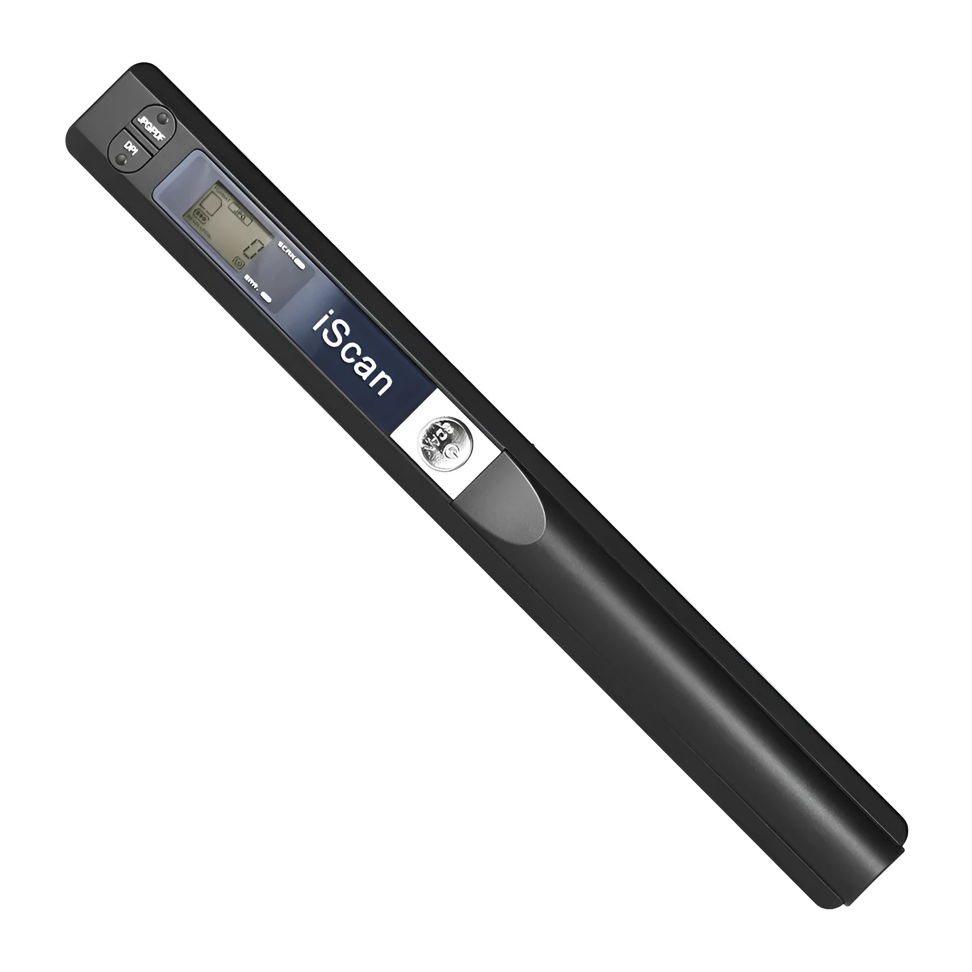 A handheld plastic scanner shown in five colour options: black, blue, green, red, and silver.