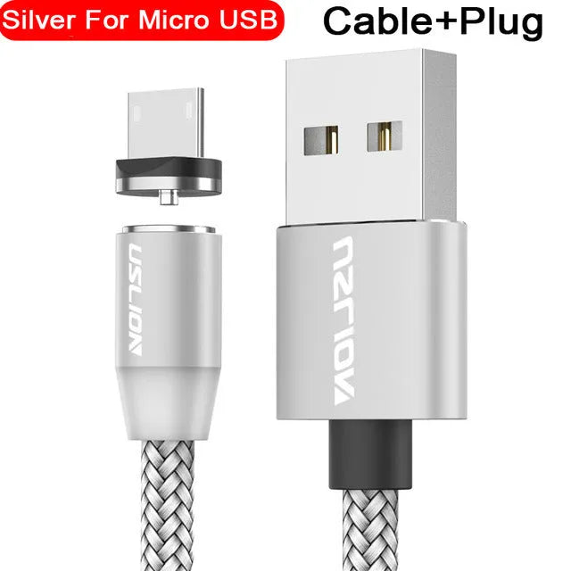 USLION circular magnetic charging cable in black, showing magnetic connector and plug for Android, iOS, or Type-C device.