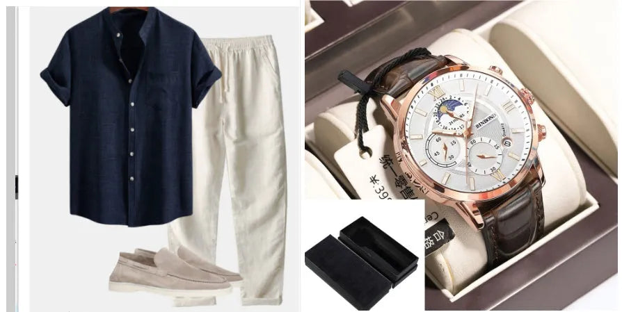 Men's slim-fit short-sleeved shirt with stand collar and digital print, shown with matching pants, shoes, and watch.