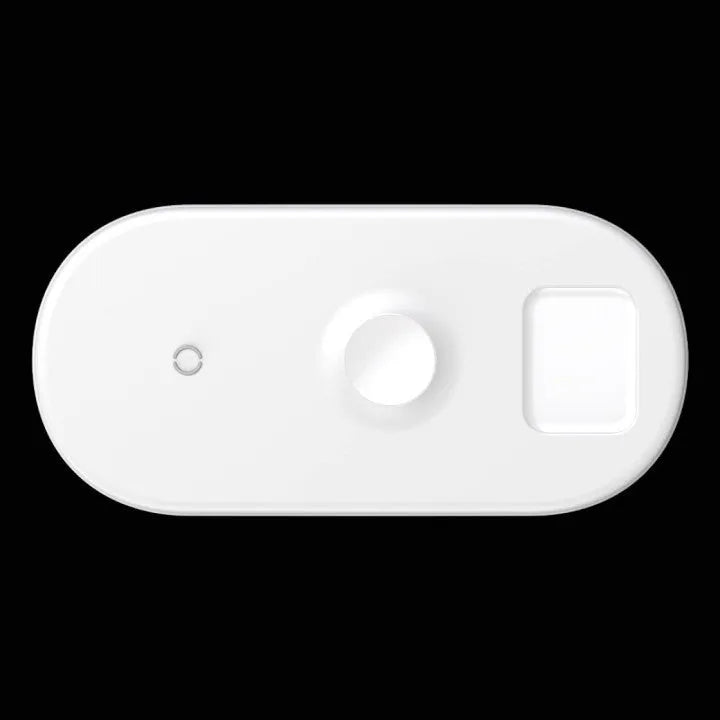 Smart three-in-one wireless charger for phone, watch, and earphones, shown in black on a desktop with a smartphone placed on the pad