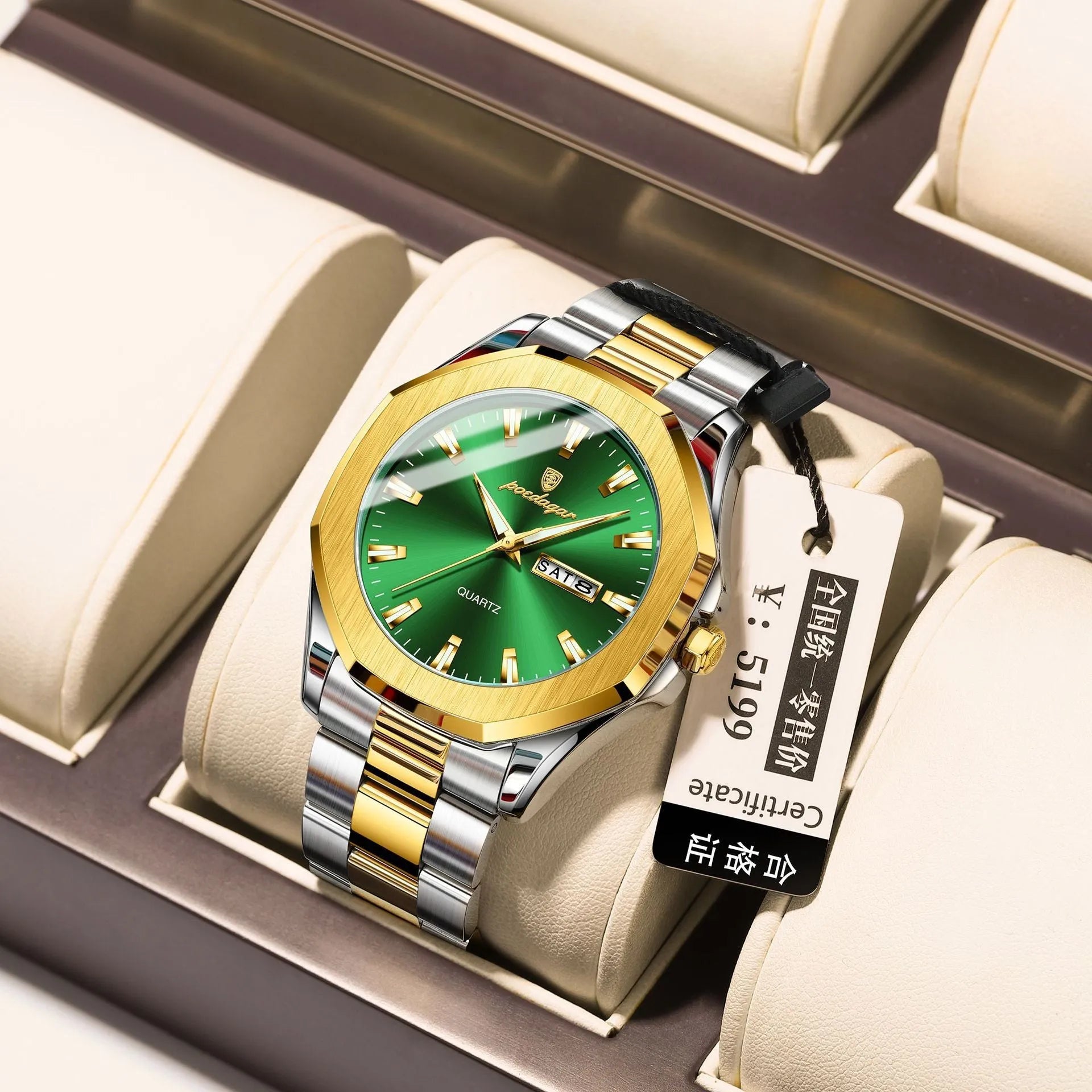 Men's steel strap quartz watch with 9mm case in gold and blue colour combination