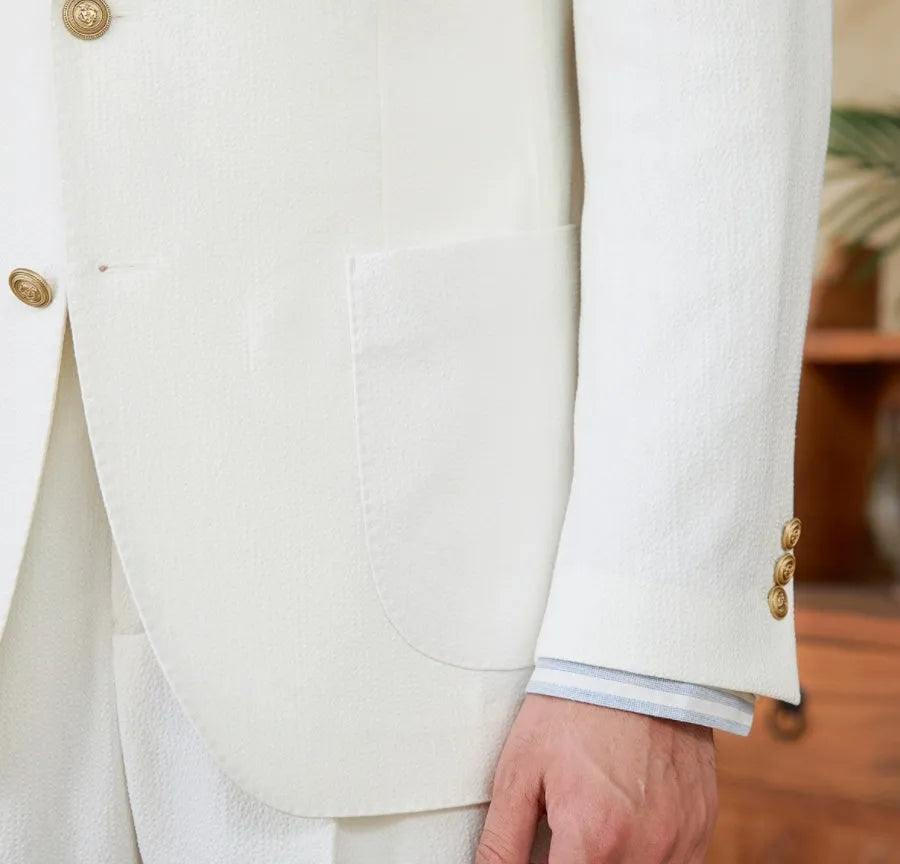 Seersucker single-breasted slim-fit suit blazer in navy blue with double rear slits for summer wear
