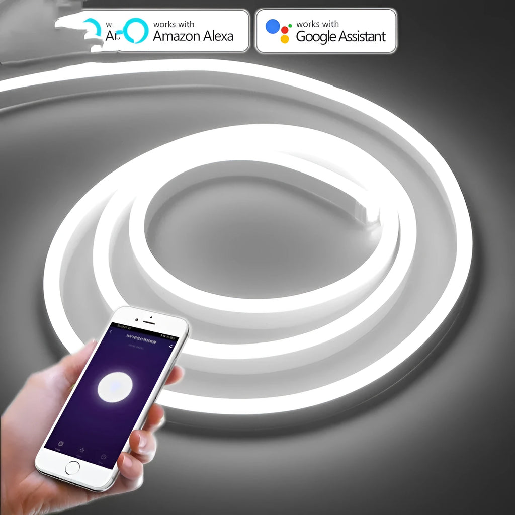 Smart WiFi LED neon strip in blue with smartphone control app interface