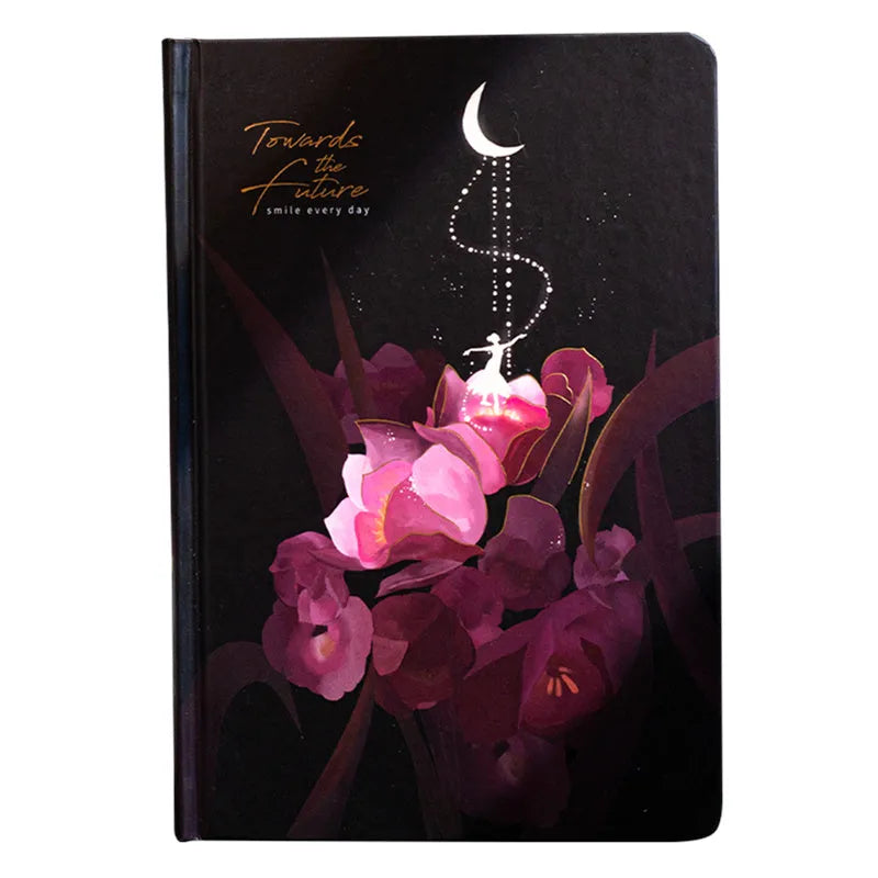 A5 notebook with luminous cover open to show colourful illustration pages, in Deep Blue, Gold, Light Blue, and Purple colour options.