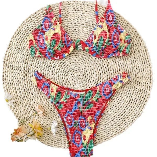 Red floral print women's two-piece underwire bikini set on a mannequin.