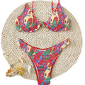 Red floral print women's two-piece underwire bikini set on a mannequin.