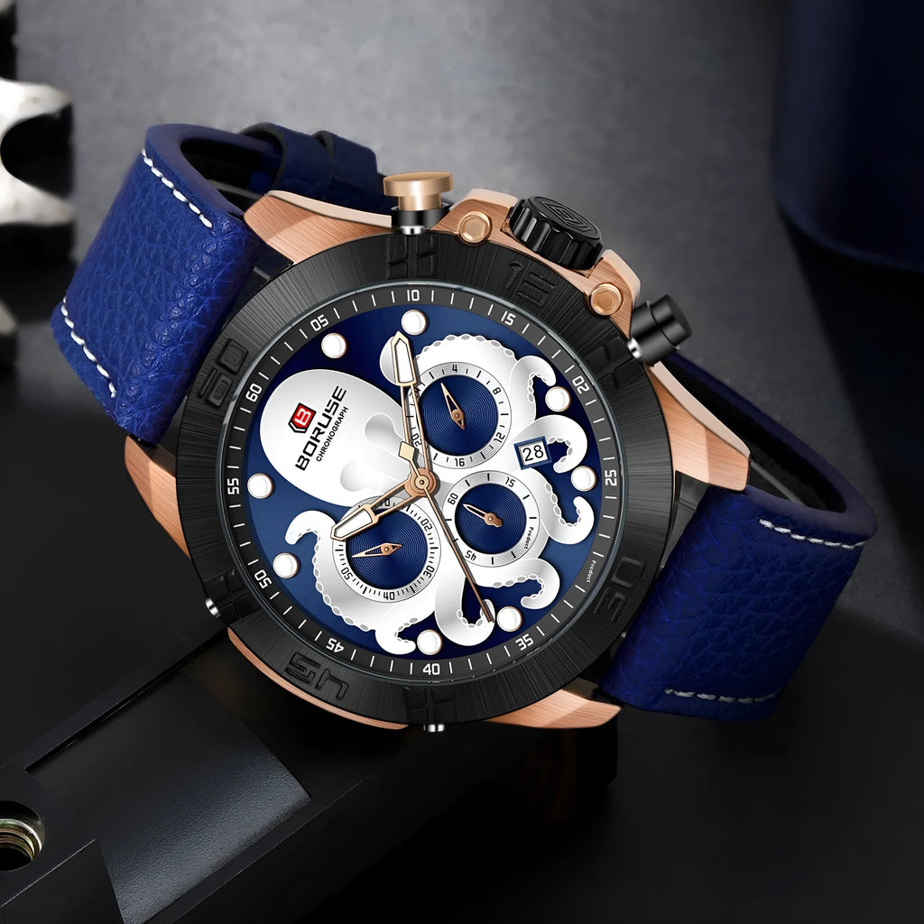 Octopus brand men's waterproof luminous quartz watch with 13mm case in blue or black options