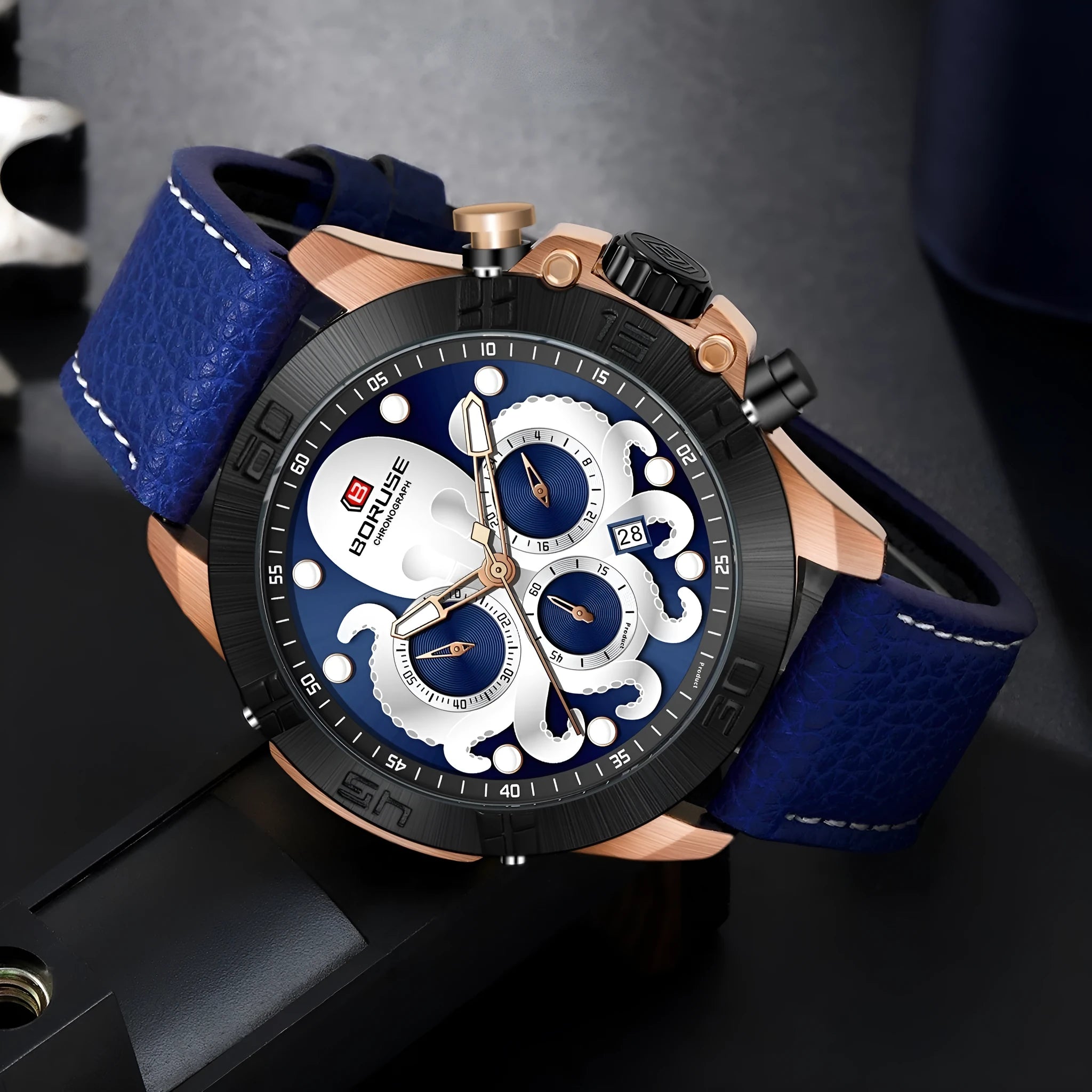 Octopus brand men's waterproof luminous quartz watch with 13mm case in blue or black options