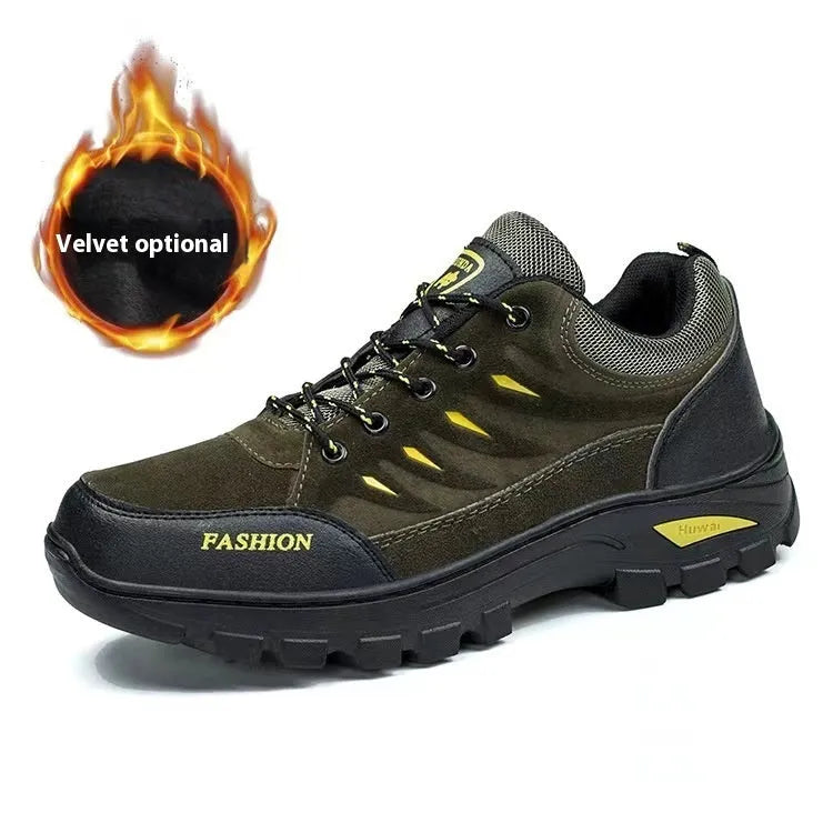 Men's brown suede hiking shoes with round toe and lace-up front