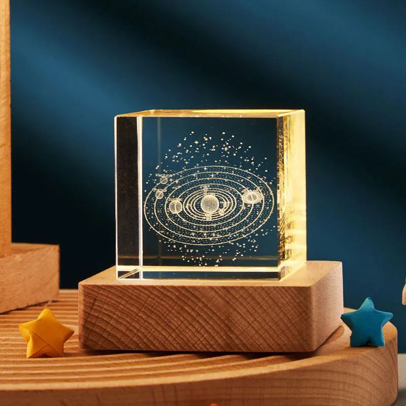 3D crystal cube night light with glass lampshade showing dimensional patterns in warm light
