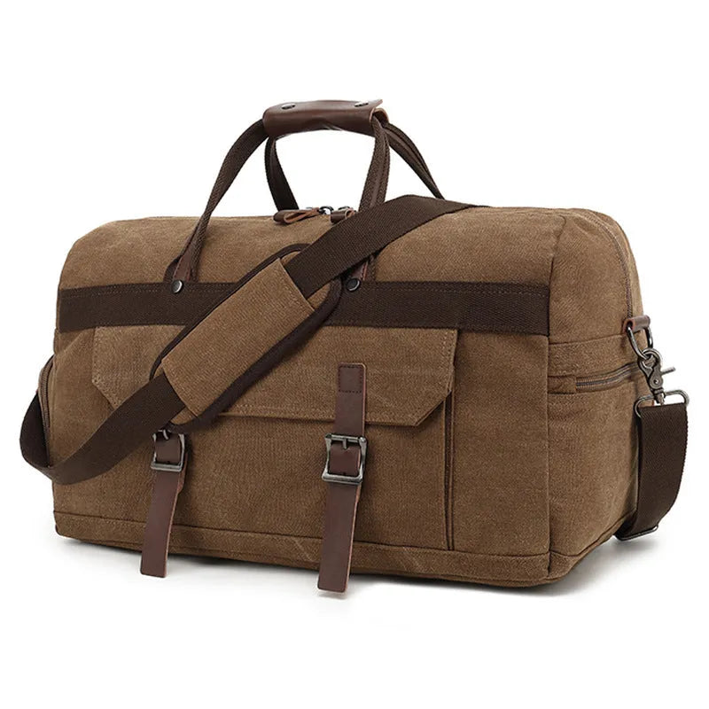 Large capacity canvas crossbody travel bag in black, brown, or grey with visible sewing line detailing