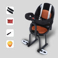 Black front child safety seat for an electric scooter, showing a high carbon steel frame.