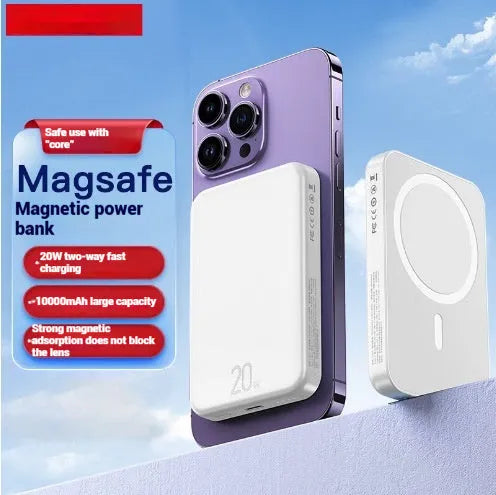 Portable magnetic wireless power bank in blue, purple, or white with 10000mAh capacity
