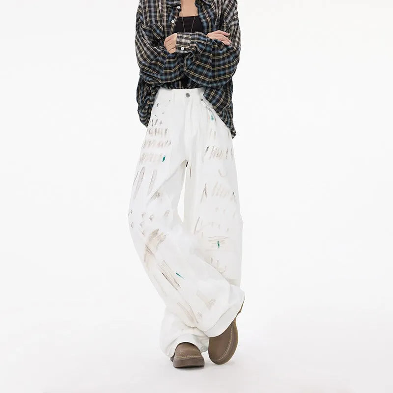 White straight leg jeans with dirty graffiti machete print for women, mid-rise non-stretch denim cotton, front view
