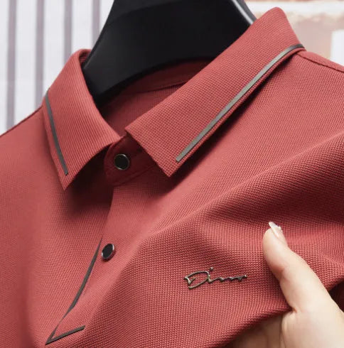 Men's ice silk short sleeve shirt collar summer polo shirt, loose fit, solid colour, nylon fabric, casual top