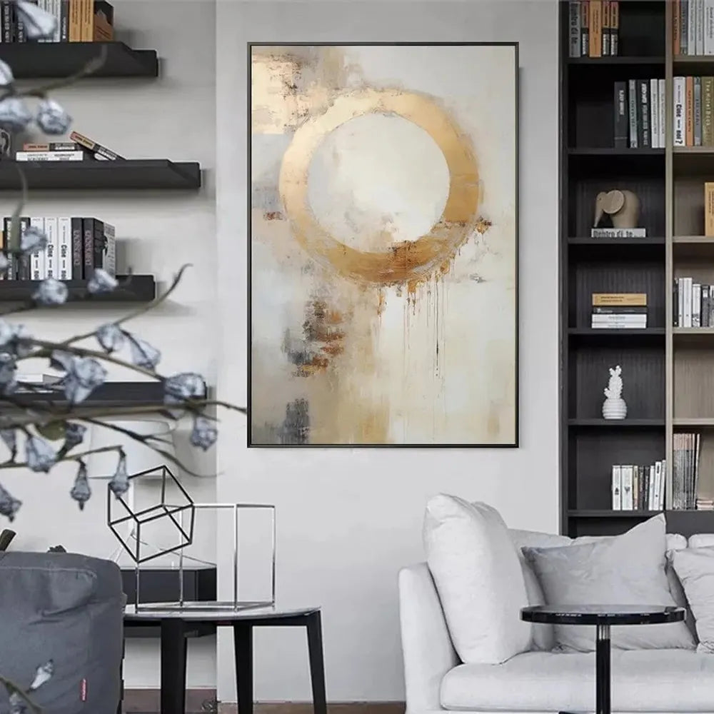 Handmade oil painting modern abstract golden circle on canvas for home decor, frameless unstretched, vertical orientation