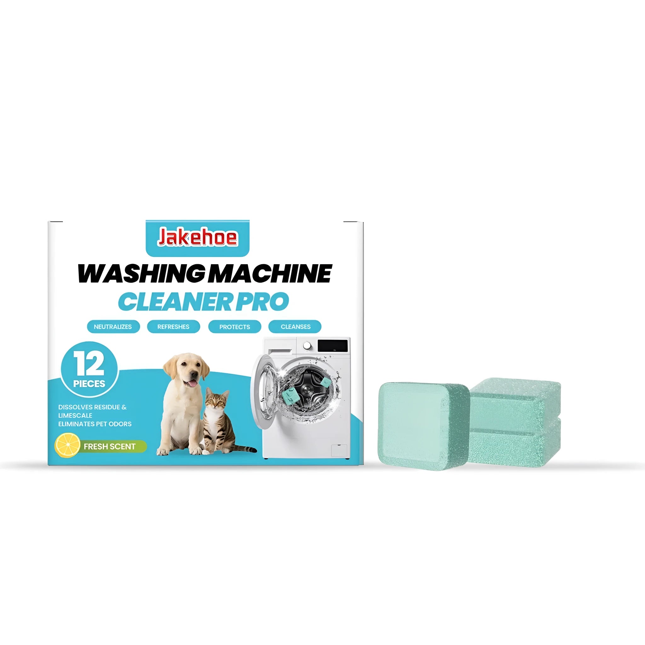 Pack of twelve white washing machine cleaner sheets for removing limescale and mould.