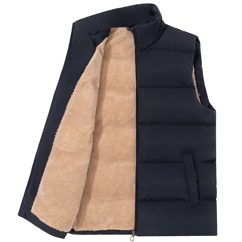 Men's winter fleece lined coat with wool lining in black, cardigan style, sizes M to 5XL