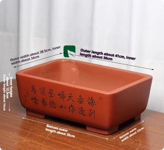 Purple clay Chinese style flower pot with plant on desktop, available in multiple colours and sizes