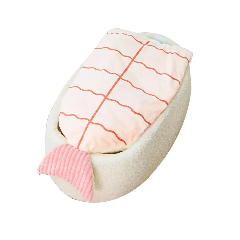 Sushi-shaped warm pet nest mattress with removable plush cover for cats and dogs