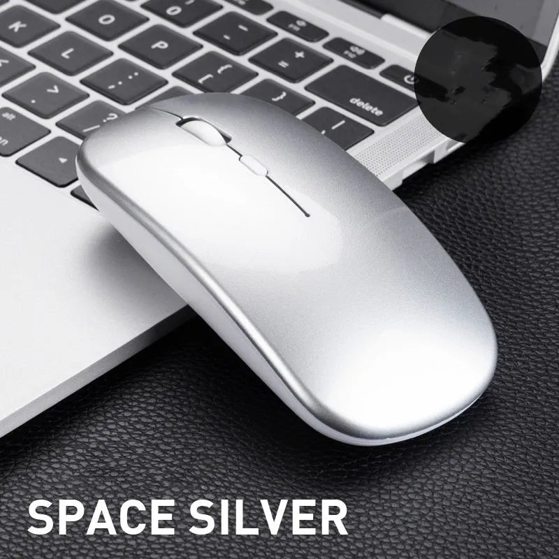 Three-piece office gift set with thin wireless mouse, USB drive, and pen in multiple colours with custom LOGO option