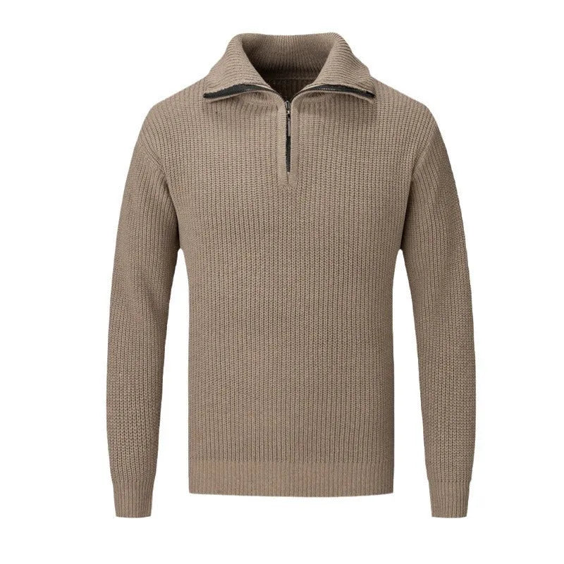 Men's solid colour loose fit slim pullover sweater on hanger showing black, camel, dark grey, and white/grey colour options