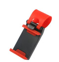 Black universal steering wheel phone clip holder mounted with a smartphone displaying a map.