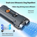 Grey high power ultrasonic dog repellent with ABS shell, 260x41mm, on outdoor surface with charging cable and hanging rope