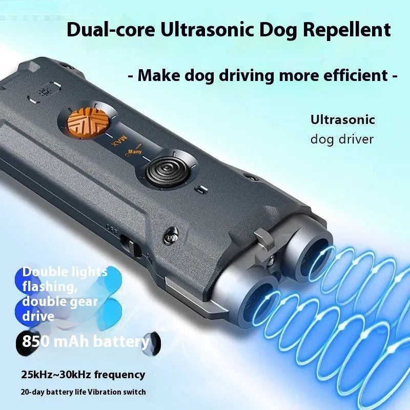 Grey high power ultrasonic dog repellent with ABS shell, 260x41mm, on outdoor surface with charging cable and hanging rope