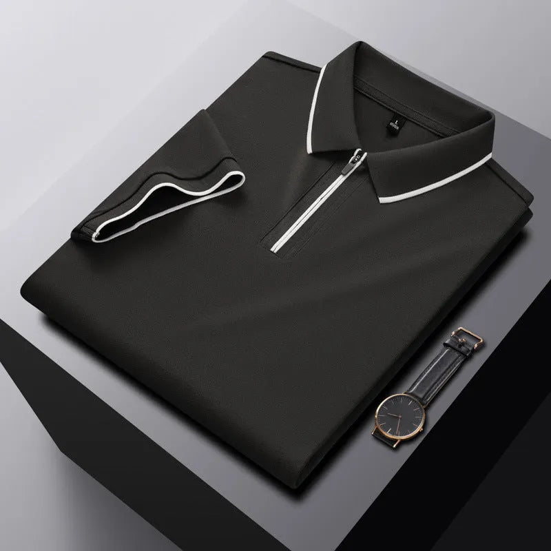 Men's solid colour polo shirt with a zipper front closure, shown in beige apricot.