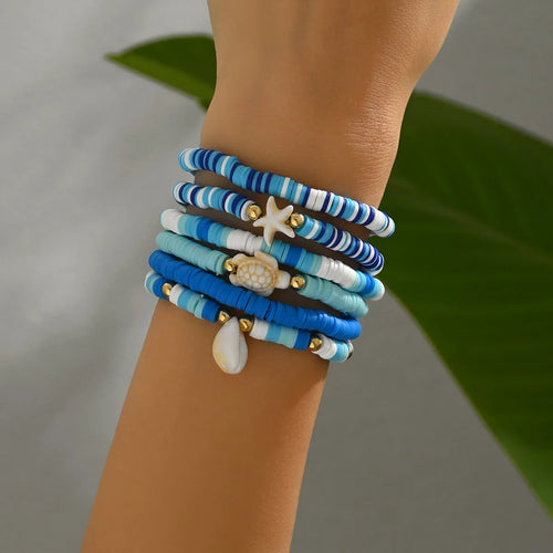 Bohemian blue polymer clay handmade shell bracelet set with geometric beads