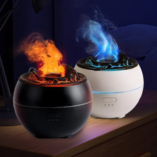 White round flame aroma diffuser humidifier with timer settings on a desk.