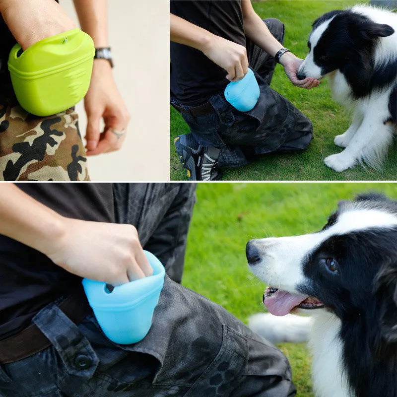 Silicone dog training treat bag with clip attachment in assorted colours