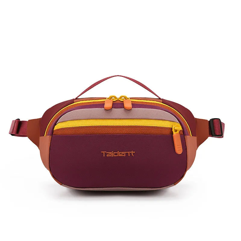 Nylon one-shoulder waist bag 2 litre dopamine colour with chain detail, outdoor leisure style