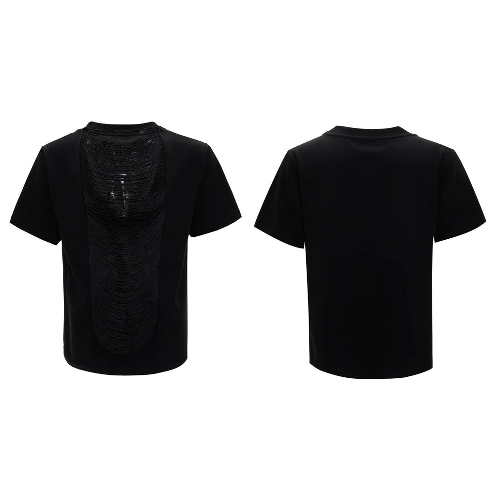 Drum black men's loose T-shirt with a hollow out V-neck and short sleeves.