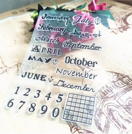 Transparent silicone vintage calendar stamp seal on a white background.