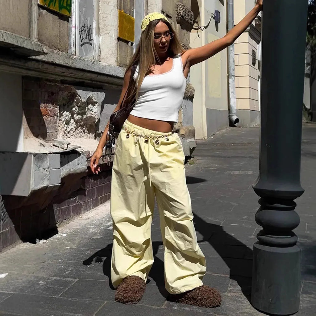 Solid yellow women's drawstring loose casual trousers with straight leg mid waist