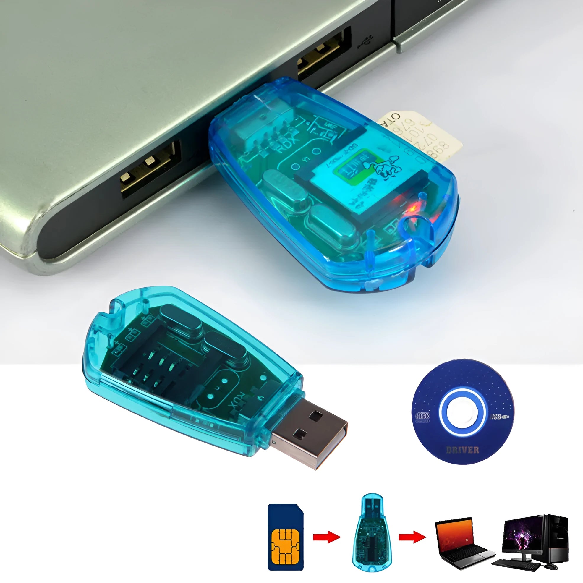 Blue USB 2.0 SIM card reader for mobile phone data backup and management.