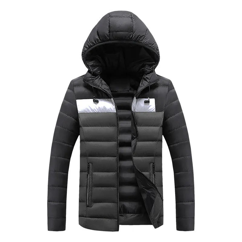 Men's winter work cotton coat with washed cotton filling in black, side view on model