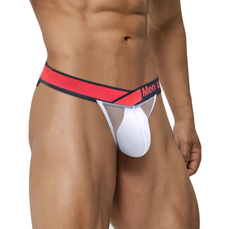Men's transparent ice silk breathable underwear in black, red, or white with large V gradient high fork design